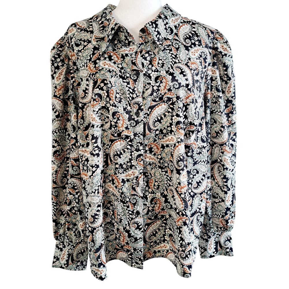 Jeannie Mae + INC Button Up Long Sleeve Paisley Print Top